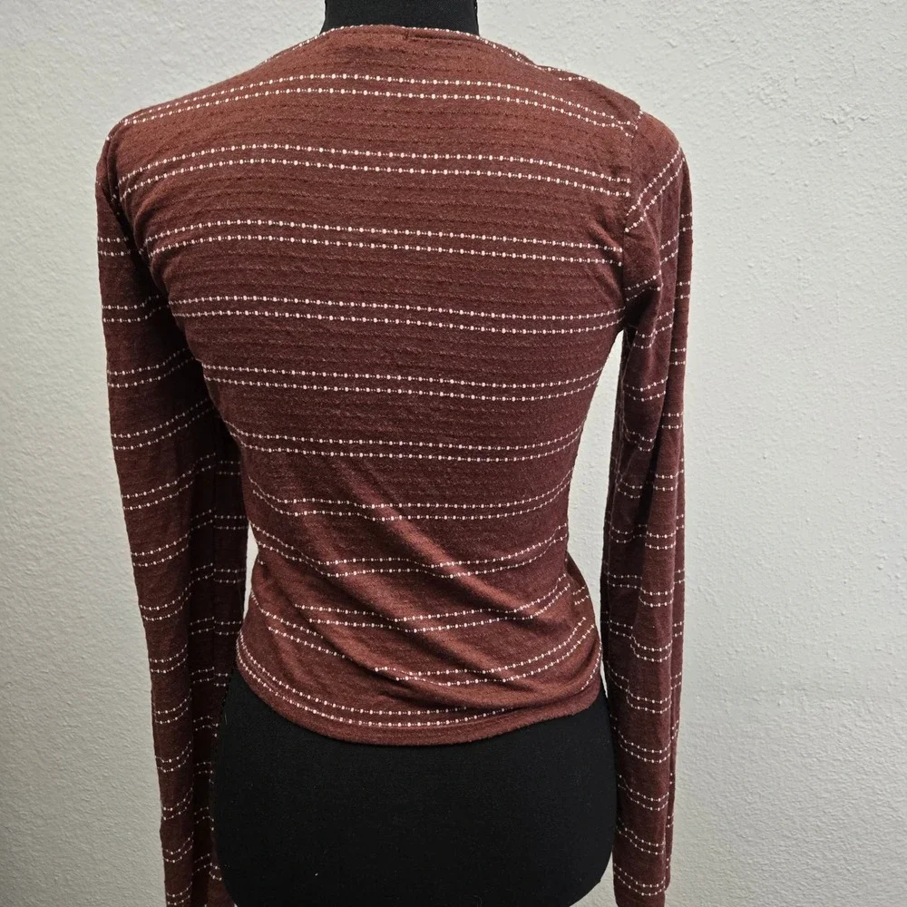 Rust Brown Ruched Drawstring V-Neck Top Cottagecore Boho Dotted Stripe Large - Picture 3 of 9